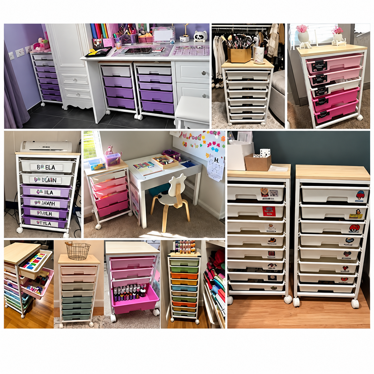 Customer photo collage of SYKIARIOL rolling drawer carts organizing craft rooms and home offices