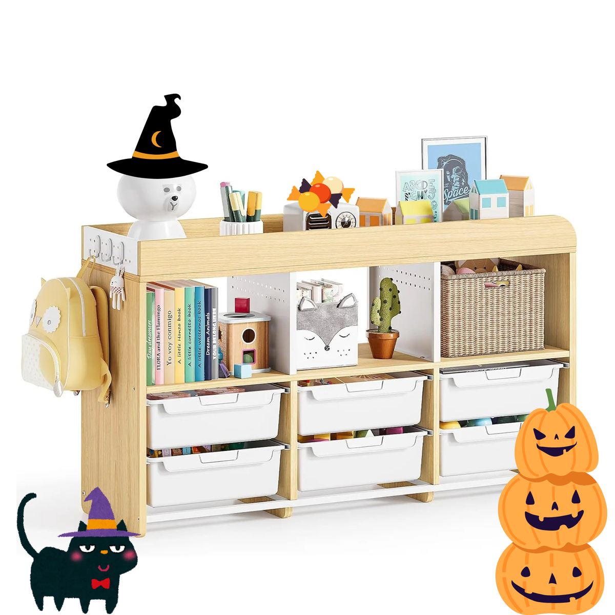 SYKIARIOL Kids Storage Organizer with 6 Removable Bins, 3 Open Cubbies and Side Pegboard for Playroom and Classroom