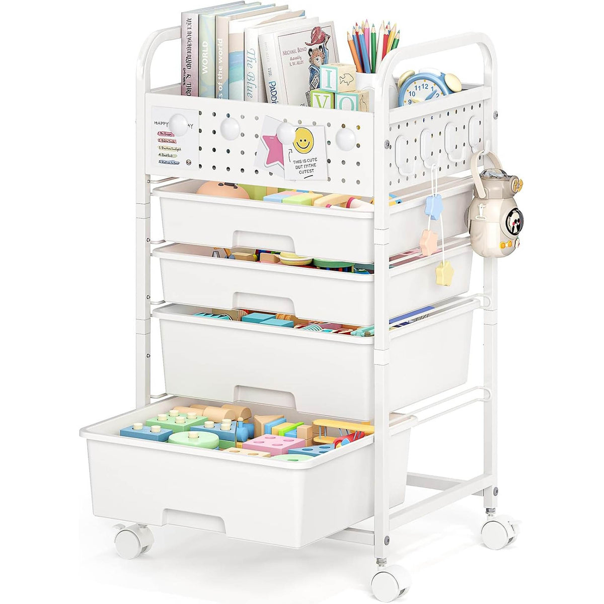 SYKIARIOL rolling storage cart with pegboard top, white drawers with a pegboard basket on top holding books and pens