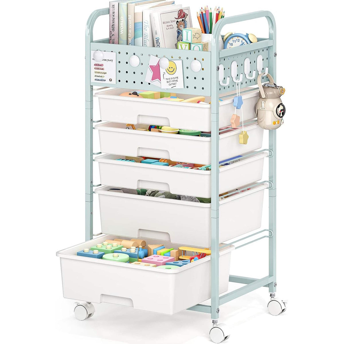 SYKIARIOL rolling storage cart with pegboard top, white drawers with a mint green frame