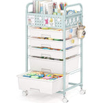 SYKIARIOL rolling storage cart with pegboard top, white drawers with a mint green frame