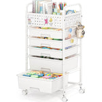 SYKIARIOL rolling storage cart with pegboard top, white drawers on a white frame with a hanging charm on the hook