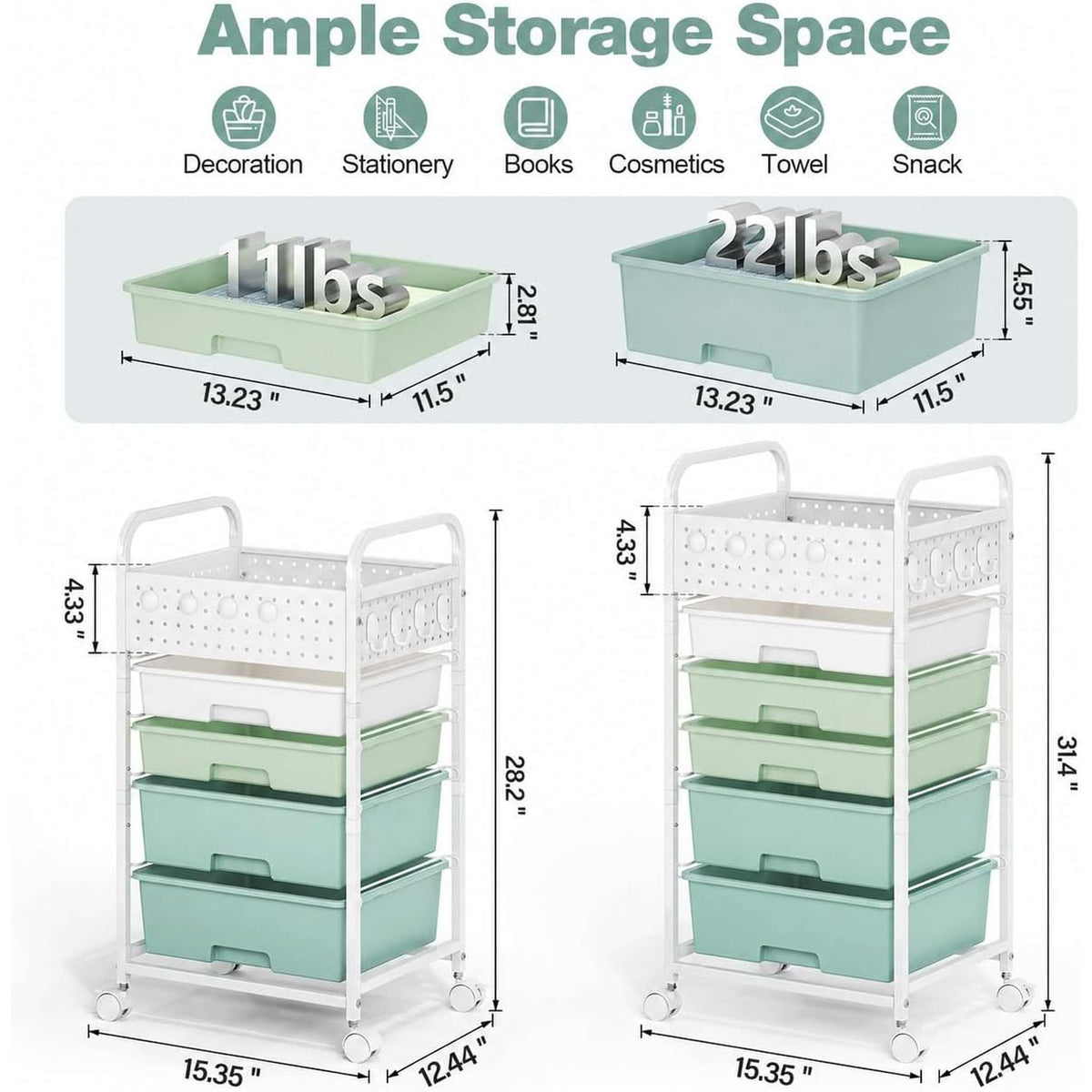 SYKIARIOL rolling storage cart with pegboard top – storage space infographic: 11 lb and 22 lb drawers, 15.35 in wide, 4- and 5-drawer heights