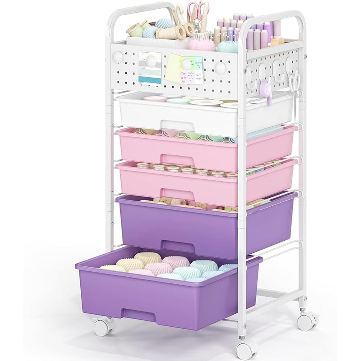 SYKIARIOL rolling storage cart with pegboard top, pink and purple drawers holding craft supplies