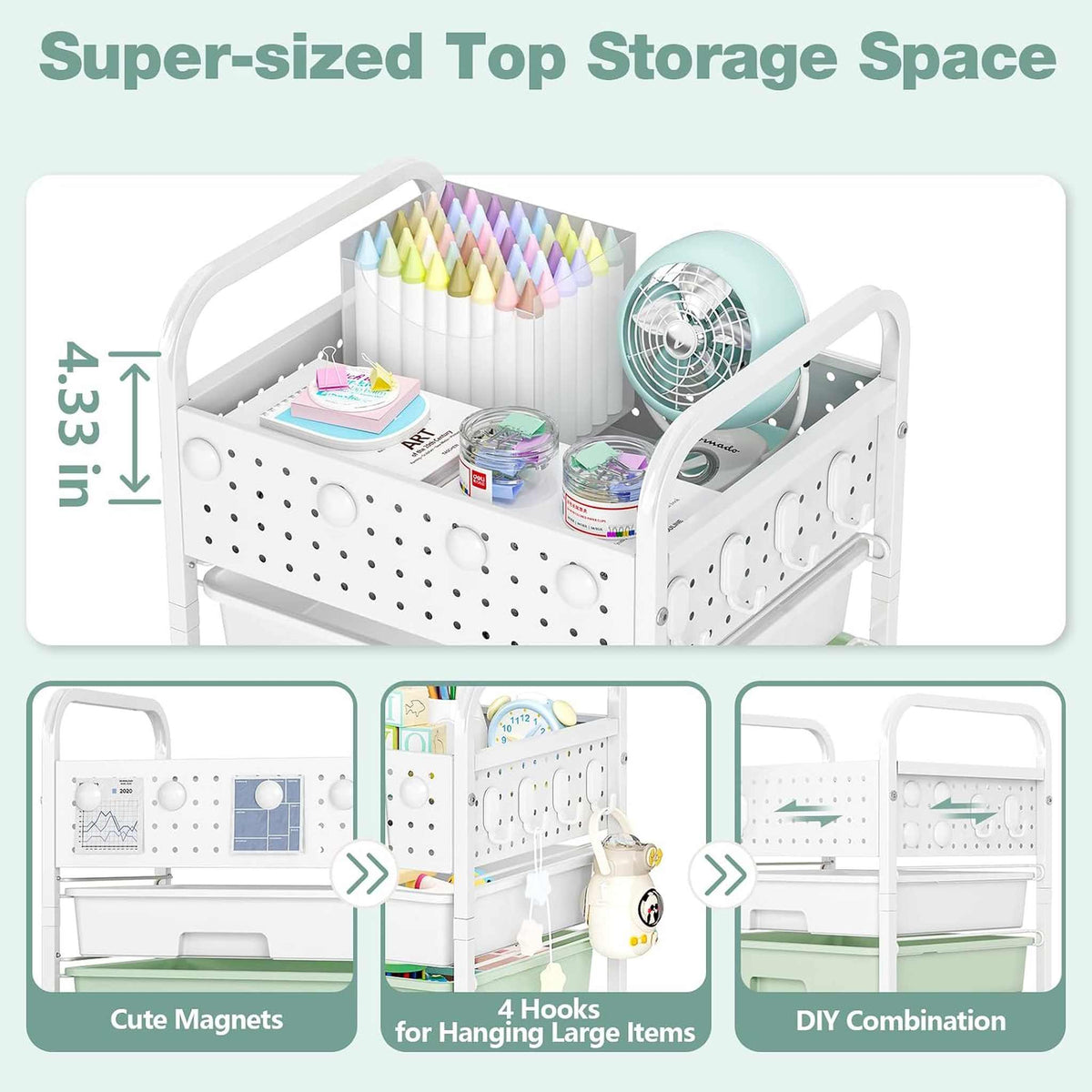 SYKIARIOL rolling storage cart with pegboard top – oversized 4.33 in top storage with magnets, four hooks and DIY combinations
