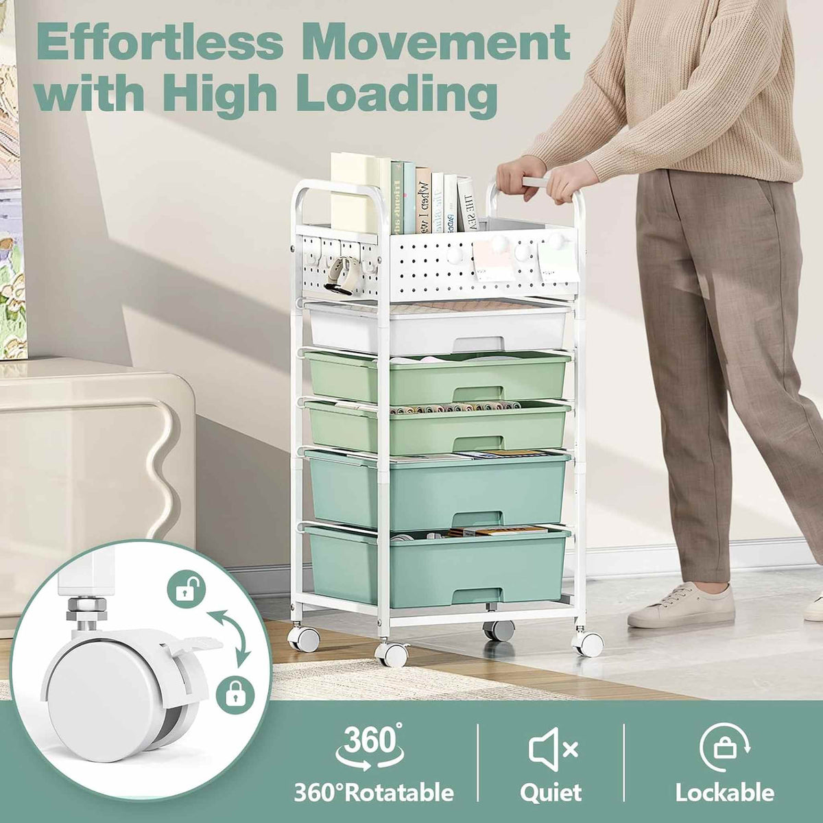 SYKIARIOL rolling storage cart with pegboard top – effortless movement: woman pushing the cart on quiet, lockable 360-degree wheels
