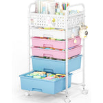 SYKIARIOL rolling storage cart with pegboard top, pink and blue drawers