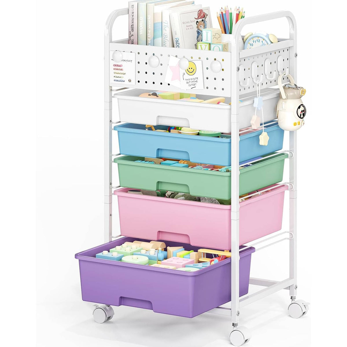 SYKIARIOL rolling storage cart with pegboard top, blue, green, pink and purple drawers