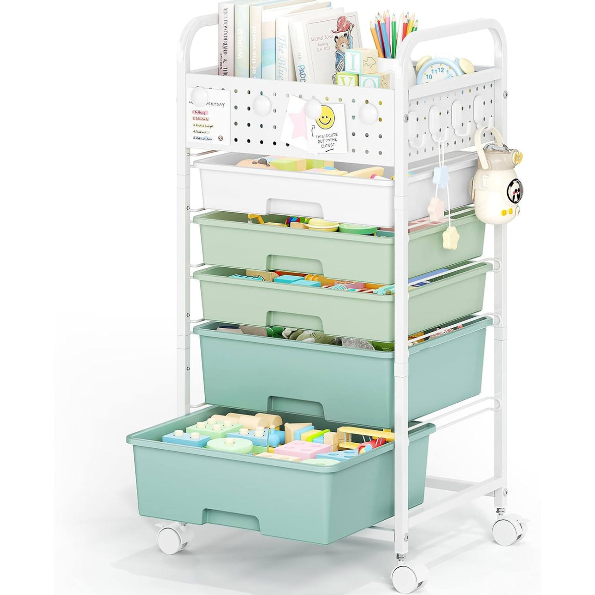 SYKIARIOL rolling storage cart with pegboard top, green gradient drawers