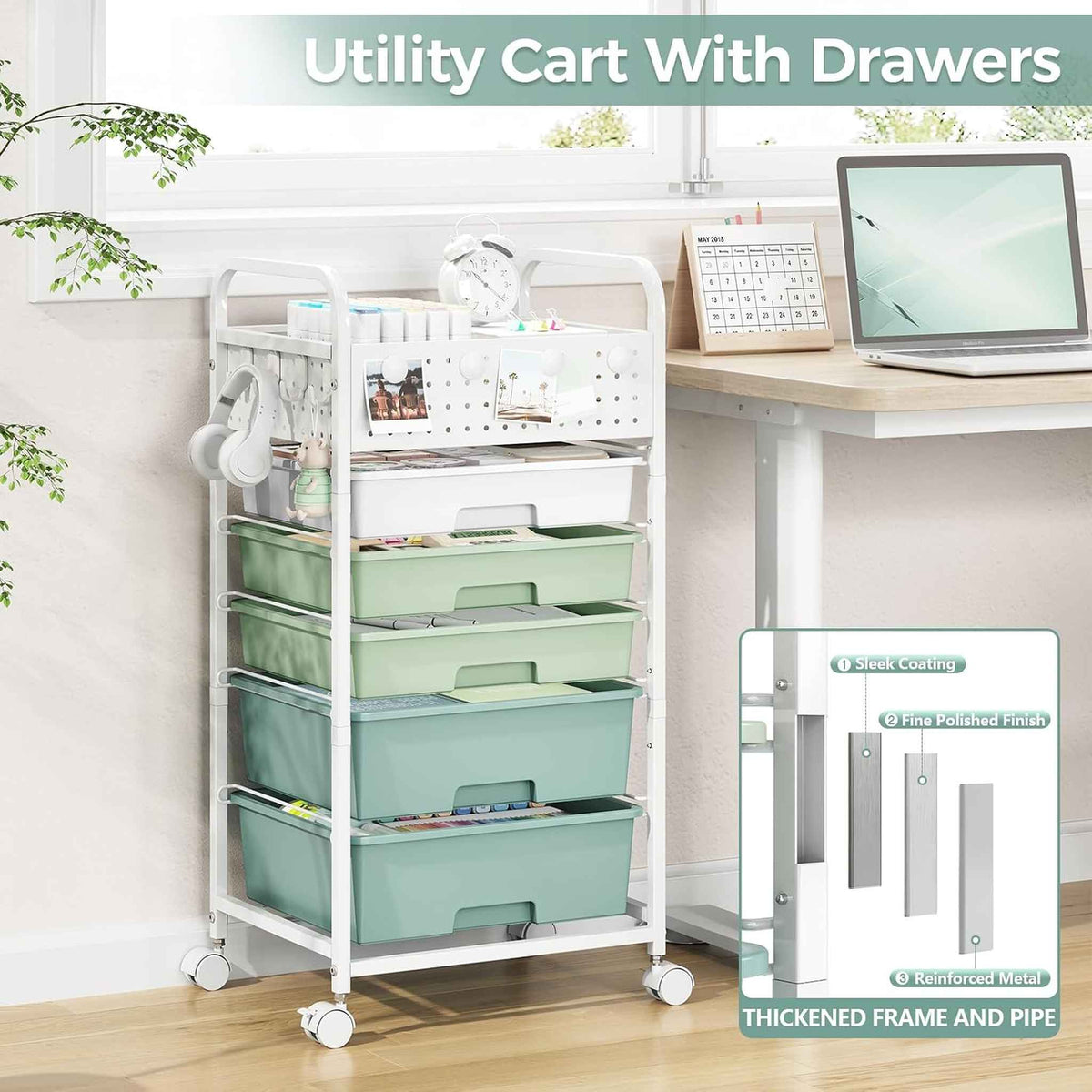SYKIARIOL rolling storage cart with pegboard top – utility cart with drawers beside a desk, with a thickened frame and pipe detail
