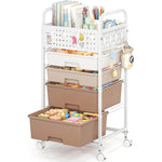 SYKIARIOL rolling storage cart with pegboard top, brown and beige drawers