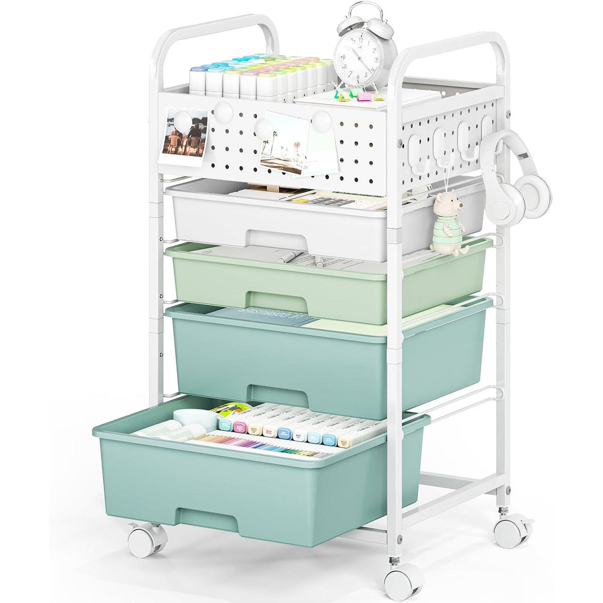 SYKIARIOL rolling storage cart with pegboard top, sage green gradient drawers holding art supplies