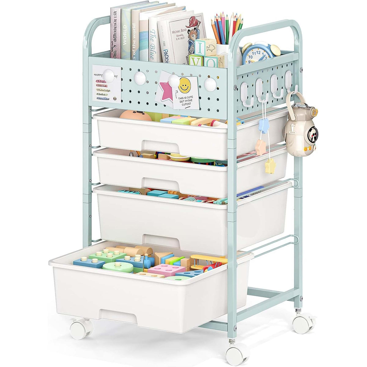 SYKIARIOL rolling storage cart with pegboard top, white drawers with a mint green frame and stationery on top