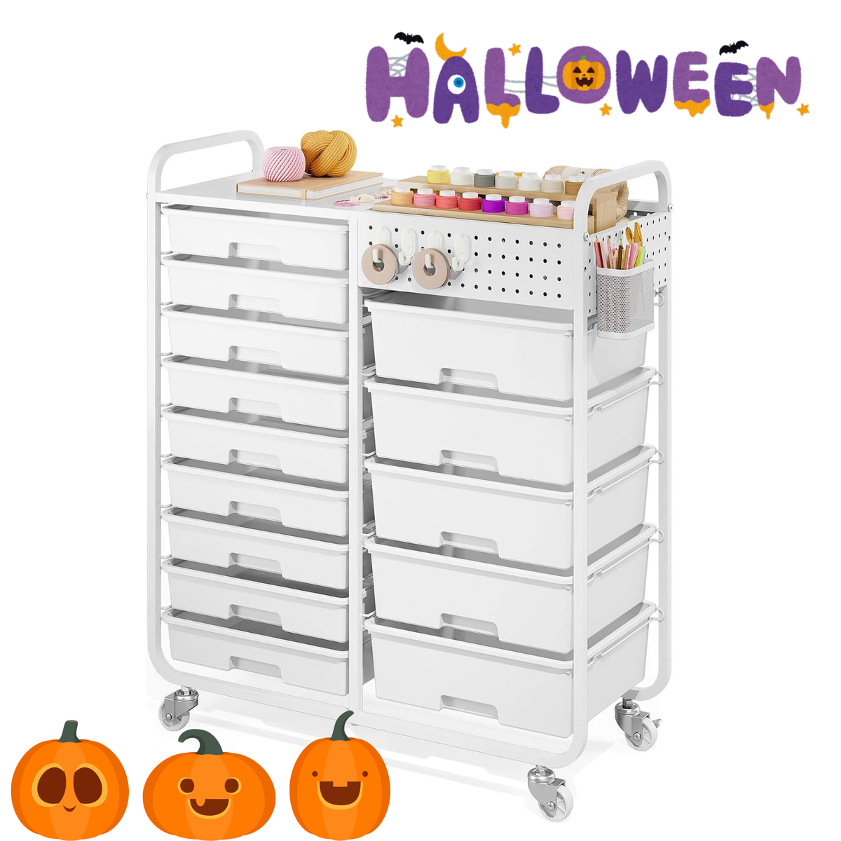 SYKIARIOL 14 Drawer Rolling Organizer with Multi-Size Drawers, Pegboard and Worktop, Featuring Locking Wheels for Craft Room & Classroom
