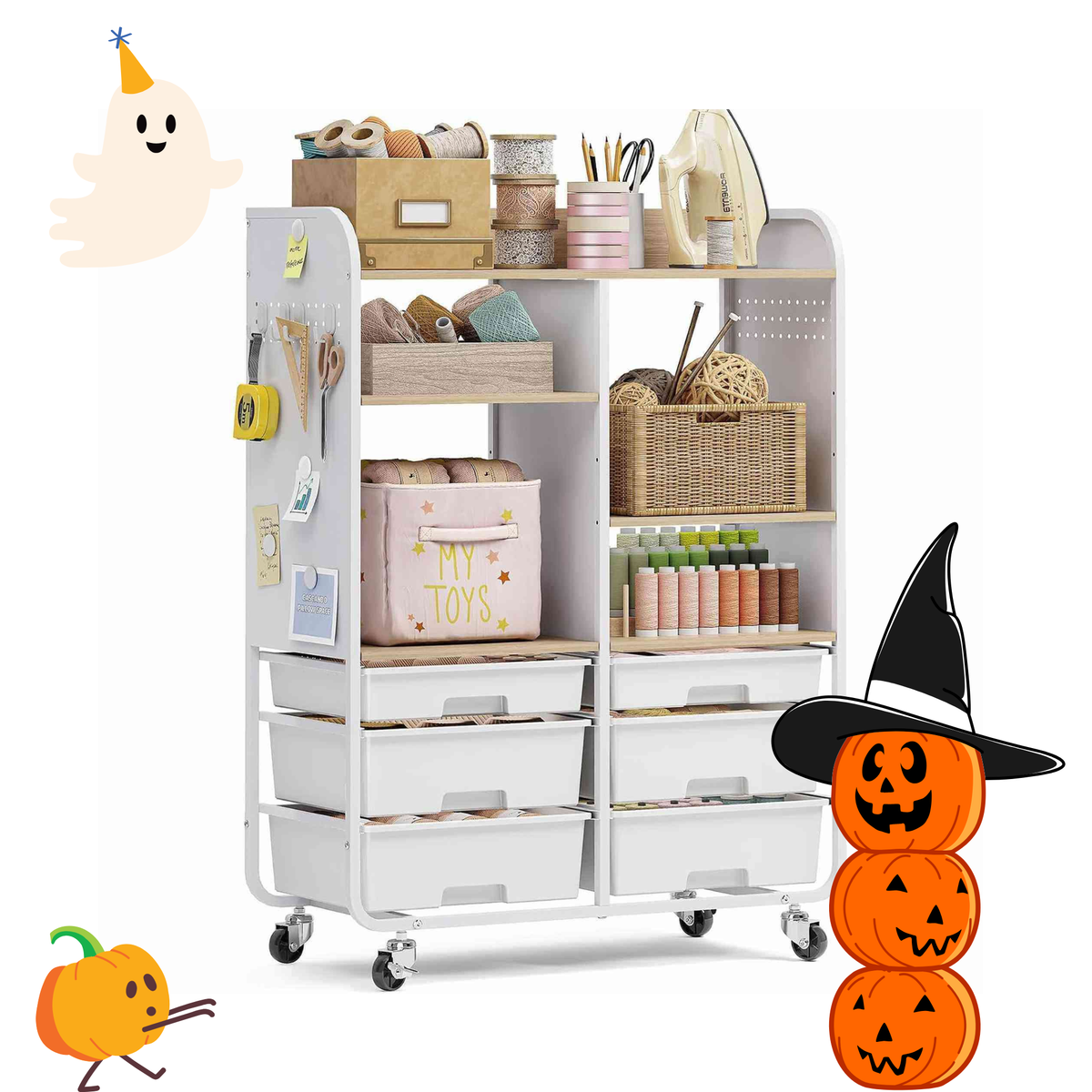 SYKIARIOL Rolling Storage Organizer with 6 Drawers, Adjustable Shelves, Side Pegboards & Locking Wheels, Ideal for Office and Craft Room