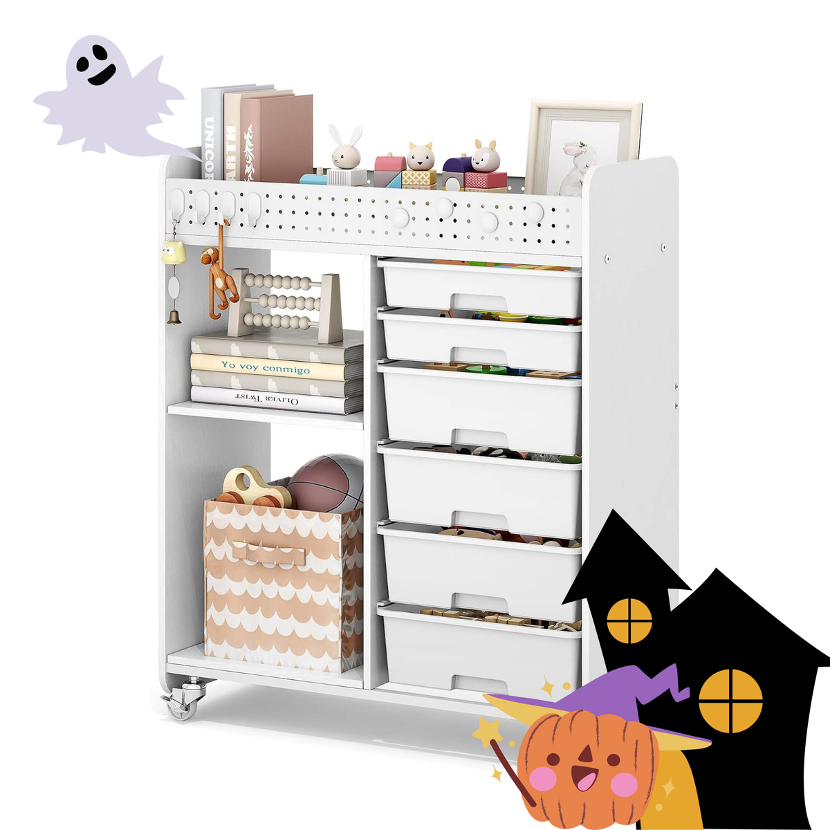 SYKIARIOL 6 Drawer Rolling Storage Organizer with 2 Open Shelves, Pegboard & Locking Casters for Classroom and Craft Room