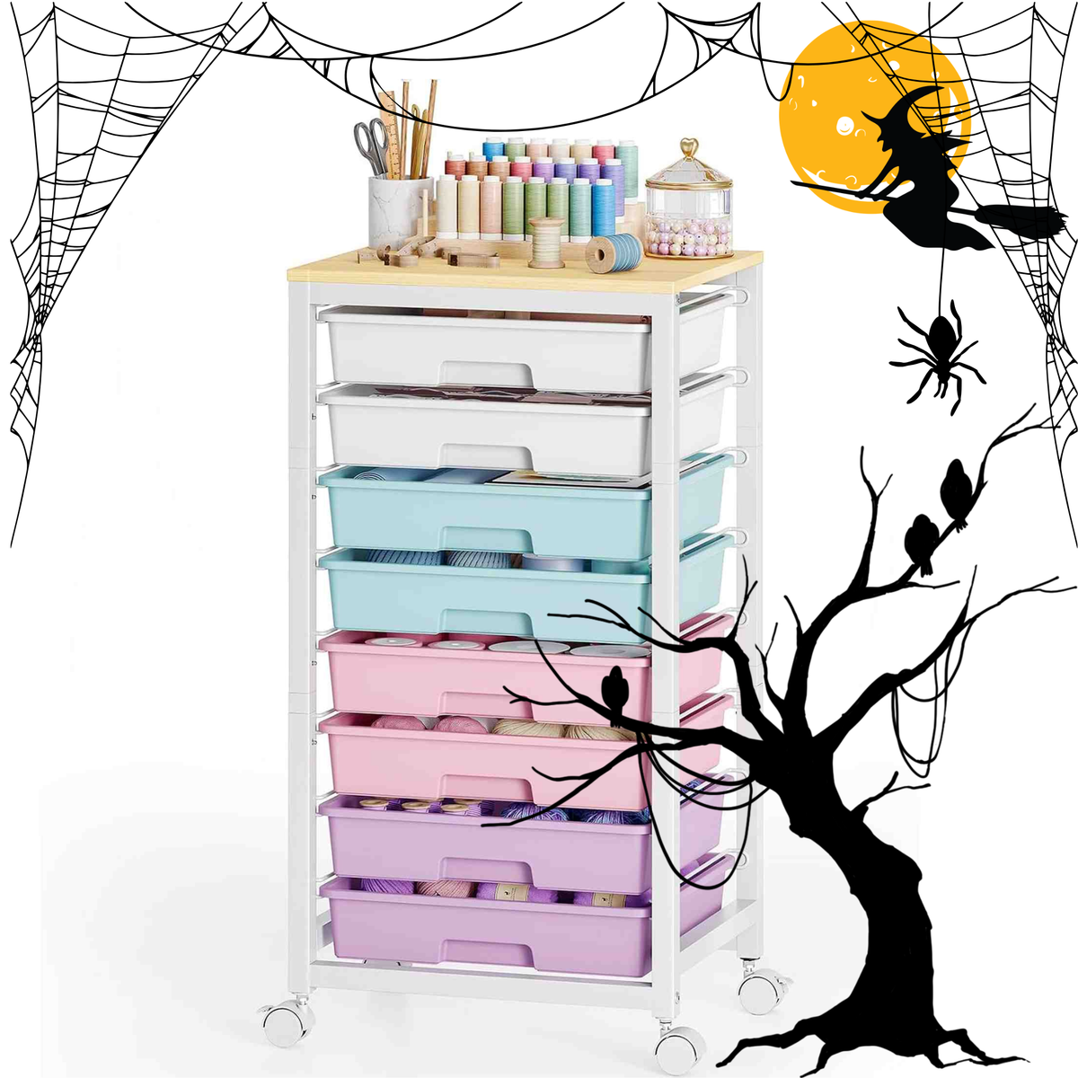 SYKIARIOL Rolling Storage Cart with 8 Color-Coded Drawers & Wooden Tabletop