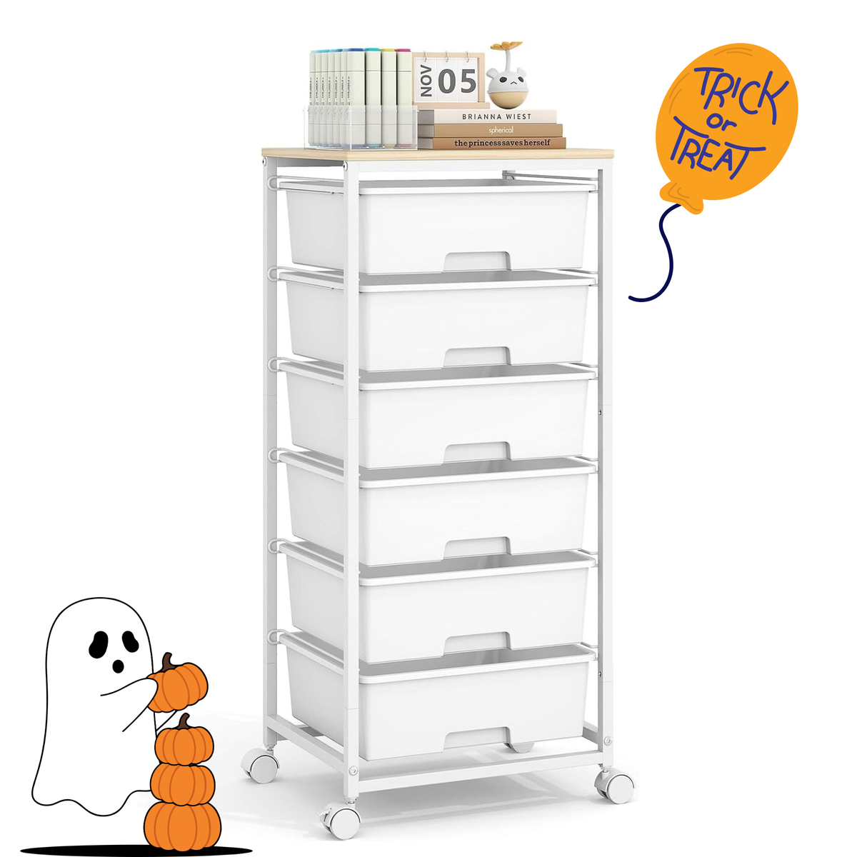 SYKIARIOL 6 Drawer Rolling Storage Cart with Wood Top, Large Capacity Storage, Metal Frame and Locking Wheels
