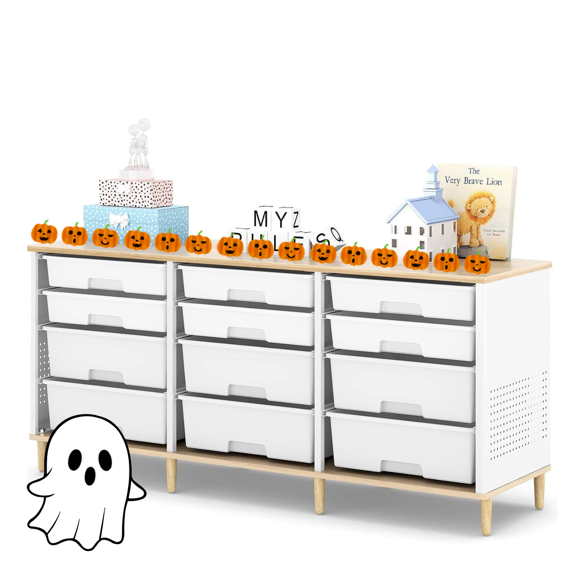 SYKIARIOL 12 Drawer Organizer for Bedroom, Playroom and Office, Mixed-Size Bins, Wood Top & Metal Frame