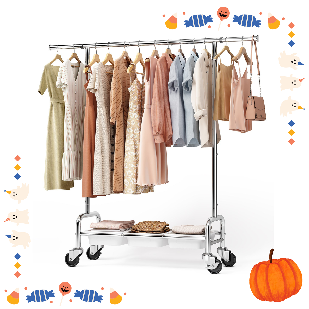 SYKIARIOL Expandable Stainless Steel Garment Rack with 3 Storage Bins & Lockable Wheels