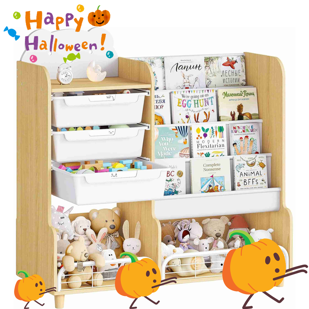 SYKIARIOL Kids Storage Organizer with 3 Drawers, Bookshelf & Nighstand