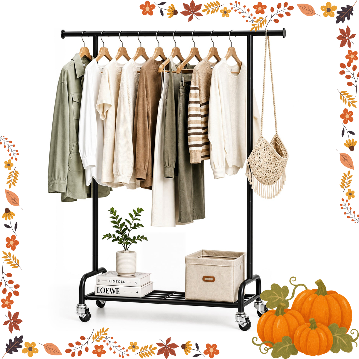 SYKIARIOL Rolling Garment Rack with Bottom Shelf & Lockable Wheels, Black Metal Frame