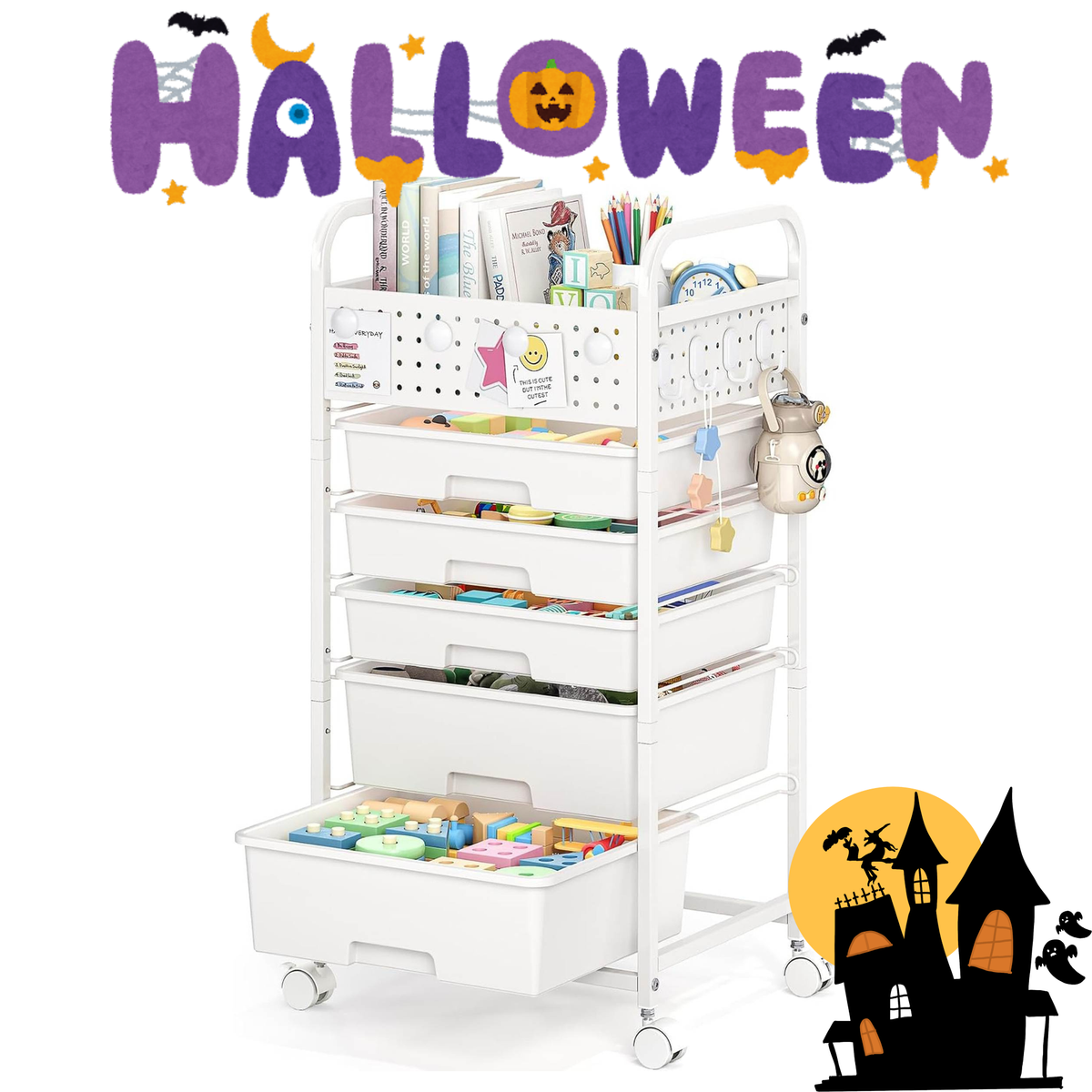 SYKIARIOL Rolling Storage Cart with Drawers & Pegboard Top – 4 or 5 Drawer Organizer