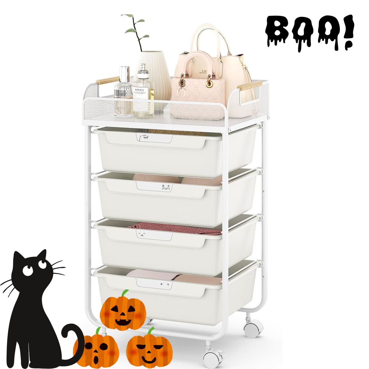 SYKIARIOL 4-Drawer Rolling Storage Cart with Mesh Top & Locking Wheels