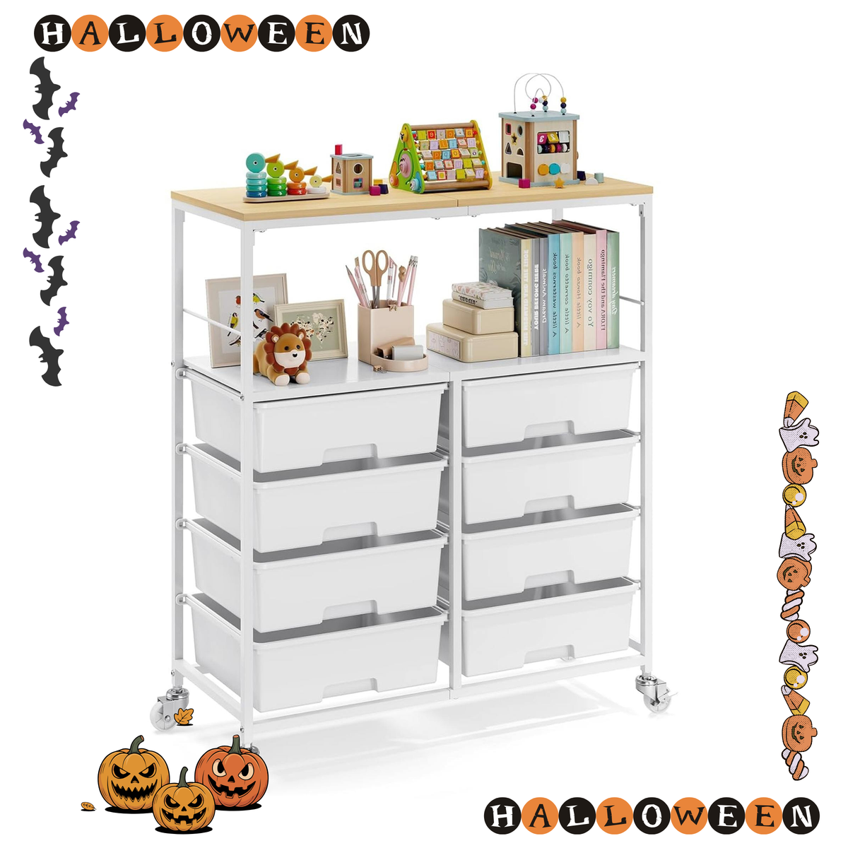 SYKIARIOL 8 Drawer Rolling Storage Organizer, Open Shelf, Wood Top & Locking Casters for Craft Room and Office