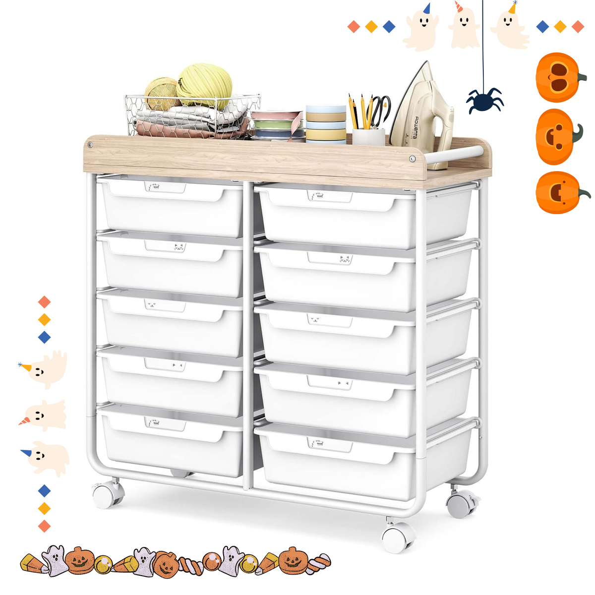 SYKIARIOL Rolling Organizer for Craft Room & Office, 10 Deep Drawers, Dual-Column Storage, Wood Top and Locking Casters