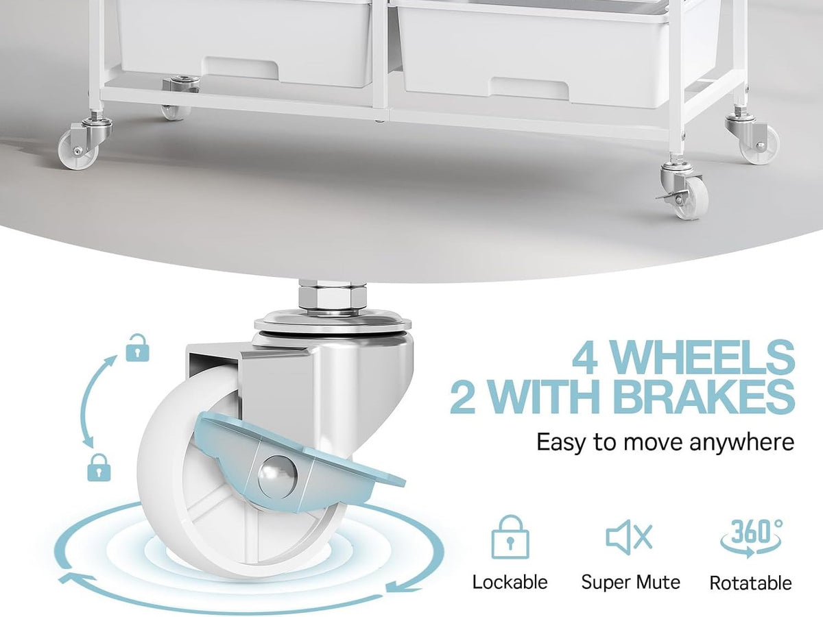 Locking swivel caster wheel close-up: four wheels, two with brakes, lockable, super quiet and 360-degree rotatable