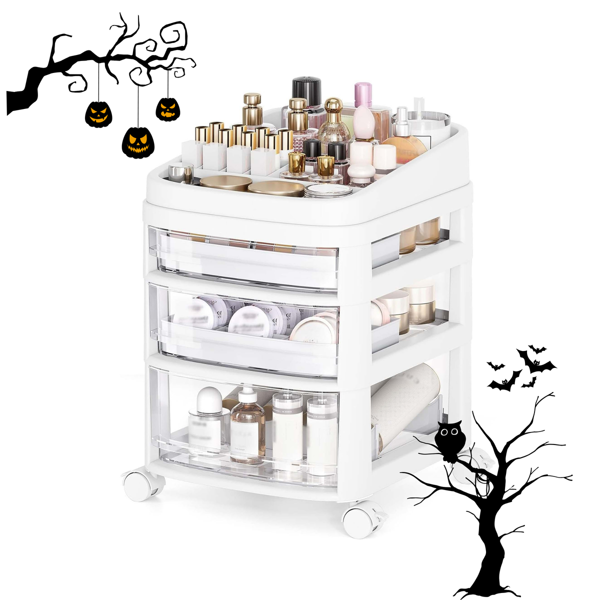 SYKIARIOL Rolling Makeup Organizer with Clear Drawers, Top Tray & Casters for Vanity, Bathroom and Bedroom