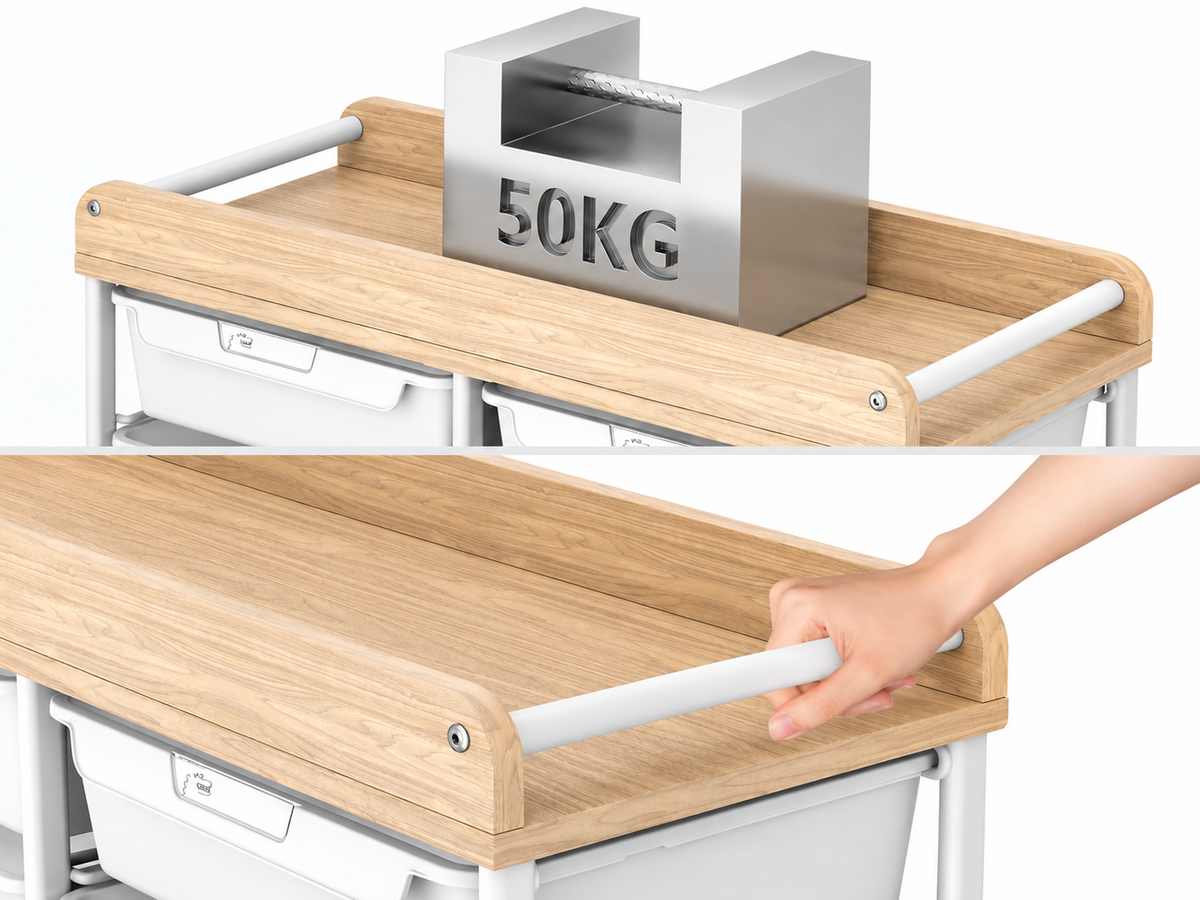 Wooden cart top holding a 50 kg weight, with a hand pulling the easy-grip drawer handle