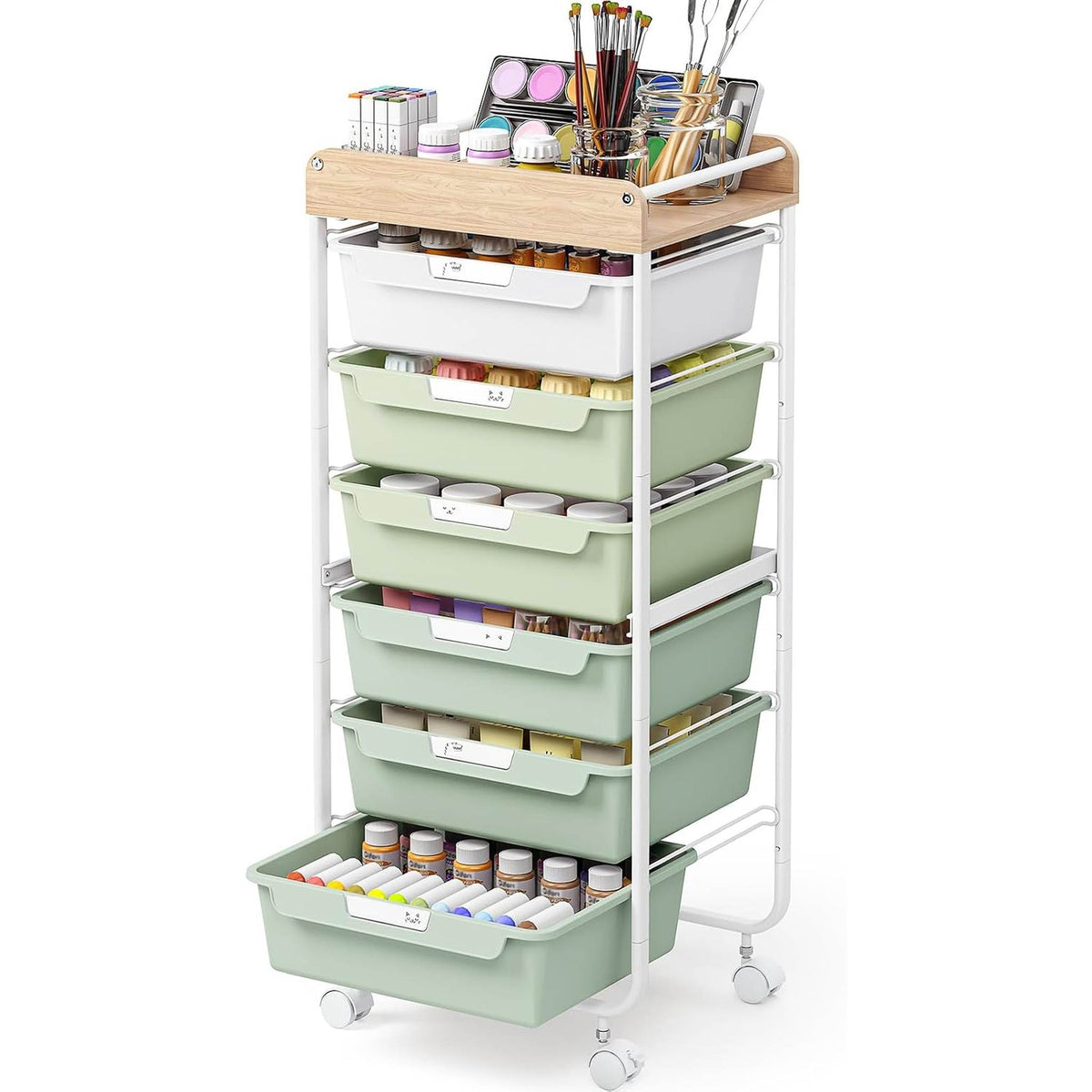 SYKIARIOL rolling storage cart with drawers, six-drawer sage green version organizing markers and art supplies