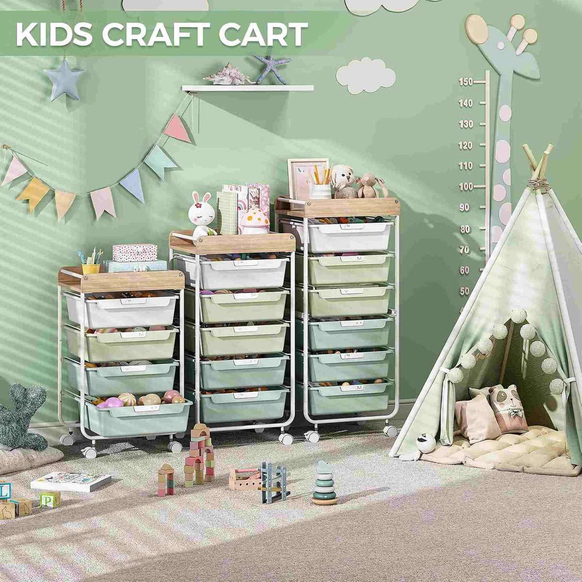 SYKIARIOL rolling storage cart with drawers, three carts in different sizes in a kids' playroom with a teepee