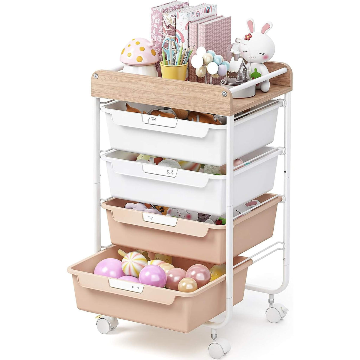 SYKIARIOL rolling storage cart with drawers, four-drawer version with white and peach drawers holding craft supplies