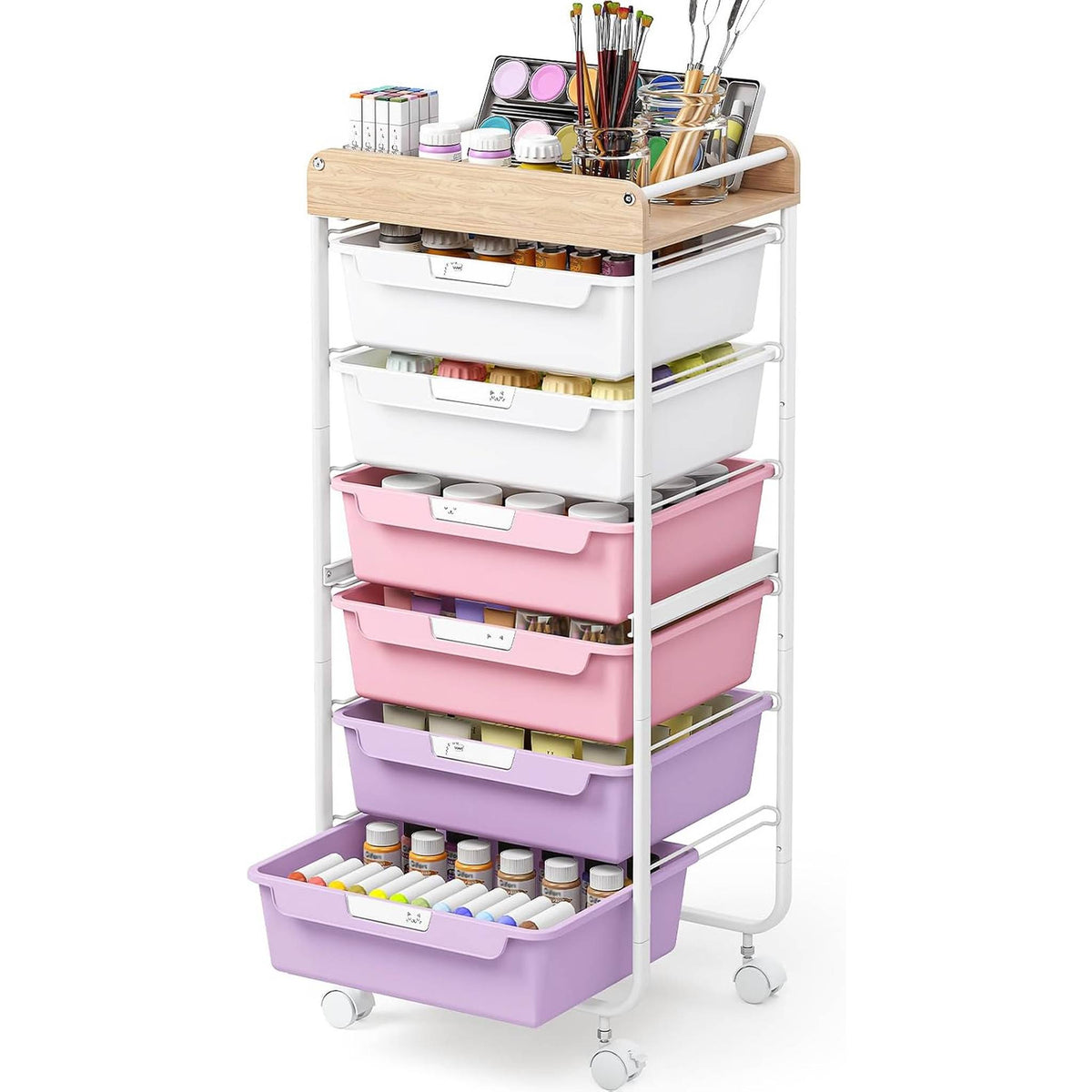 SYKIARIOL rolling storage cart with drawers, six-drawer version with pink and purple drawers holding nail polish and makeup brushes