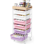 SYKIARIOL rolling storage cart with drawers, six-drawer version with pink and purple drawers holding nail polish and makeup brushes