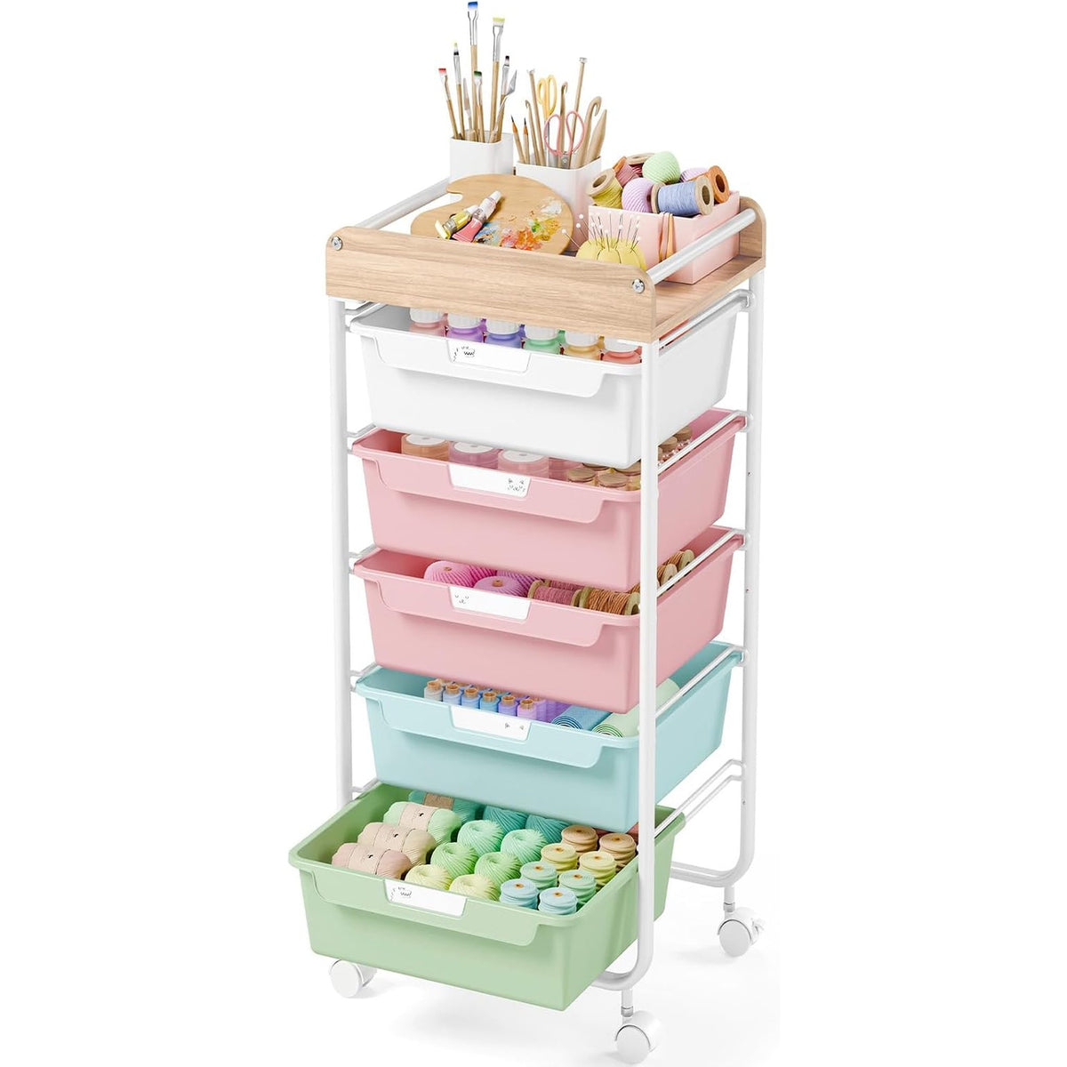 SYKIARIOL rolling storage cart with drawers, six-drawer version with pink, mint and green drawers holding paint tubes