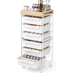 SYKIARIOL rolling storage cart with drawers, six-drawer version with white drawers and paint brushes on the wooden top