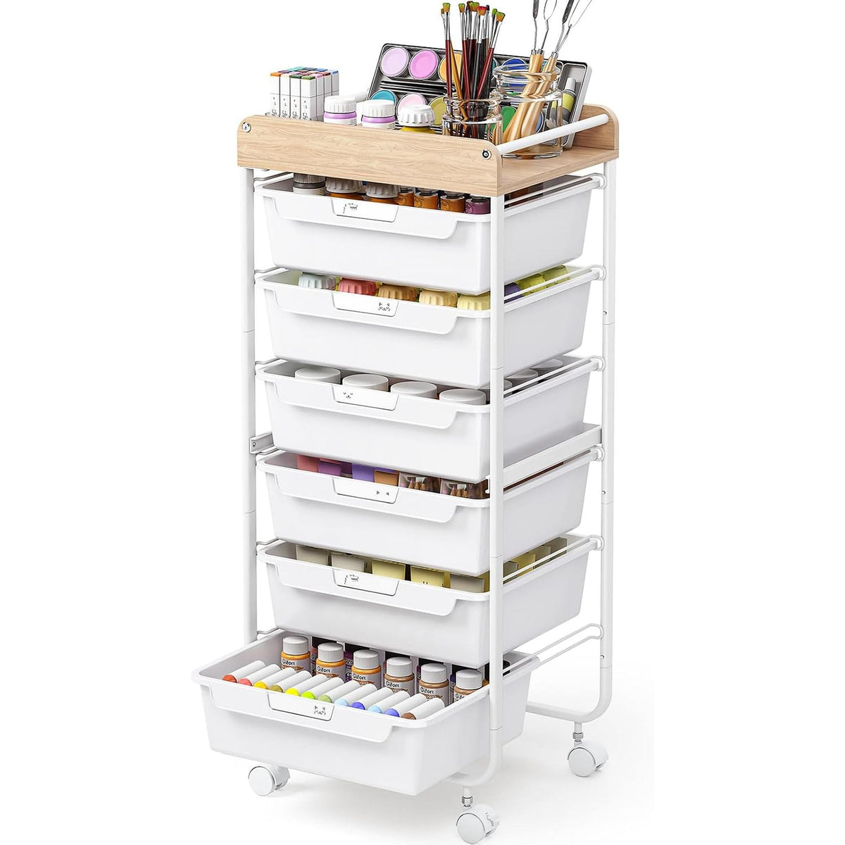 SYKIARIOL rolling storage cart with drawers, six-drawer version with white drawers and paint brushes on the wooden top