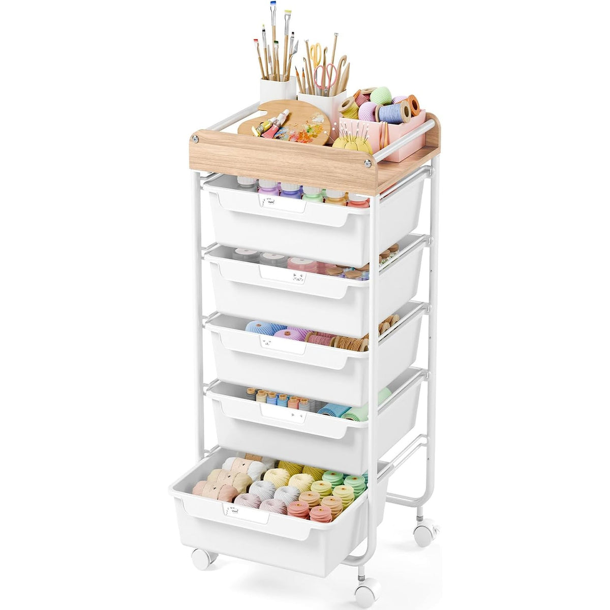 SYKIARIOL rolling storage cart with drawers, five-drawer version with white drawers and art supplies in the bottom drawer