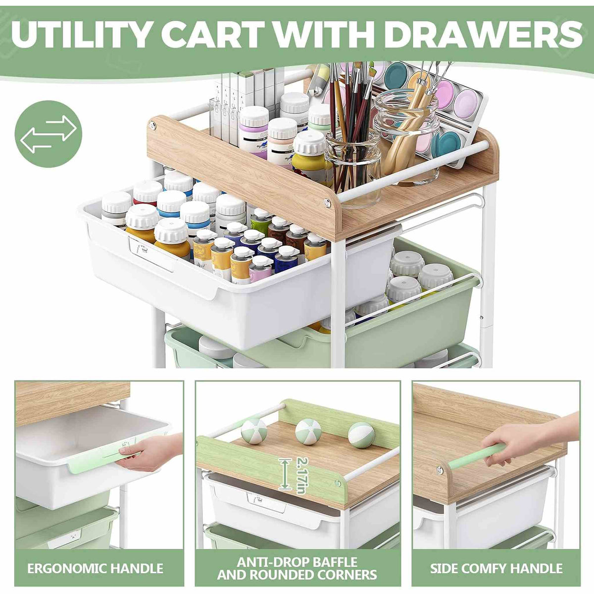 SYKIARIOL rolling storage cart with drawers – utility cart details: ergonomic handle, anti-drop baffle, rounded corners and side handle