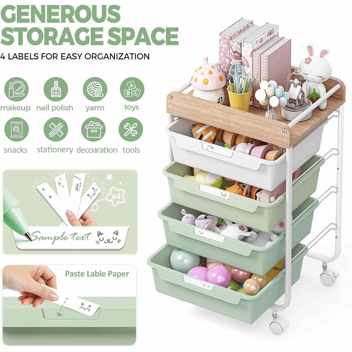 SYKIARIOL rolling storage cart with drawers – four labels for easy organization of makeup, yarn, toys, snacks, stationery and tools
