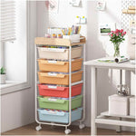 SYKIARIOL rolling storage cart with drawers, six-drawer rainbow version with orange, red and blue drawers in a craft room