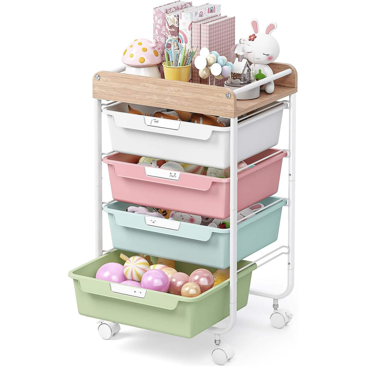 SYKIARIOL rolling storage cart with drawers, four-drawer version with white, pink, mint and green drawers