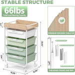 SYKIARIOL rolling storage cart with drawers – stable structure infographic: 60 lb capacity, 15.28 x 12.05 x 26.05 in, wooden top, thick frame