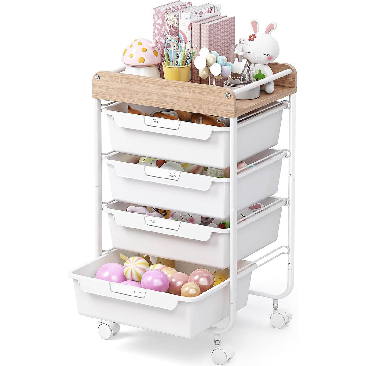 SYKIARIOL rolling storage cart with drawers, four-drawer version with white drawers holding craft supplies and decorated eggs