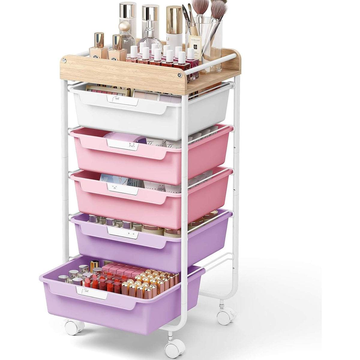 SYKIARIOL rolling storage cart with drawers, white, pink and purple drawers organizing makeup and cosmetics