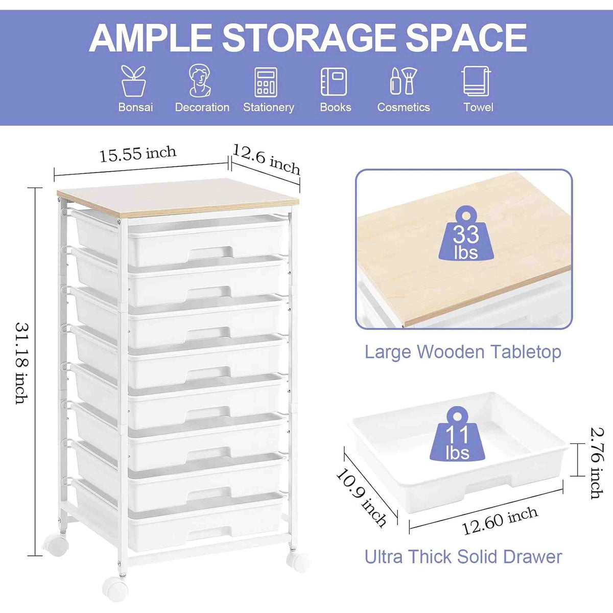 SYKIARIOL 8-drawer rolling storage cart – size infographic: 15.55 x 12.6 x 31.18 in, 33 lb top and 11 lb drawers